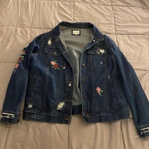 Denim jacket, distressed with floral details, size large
